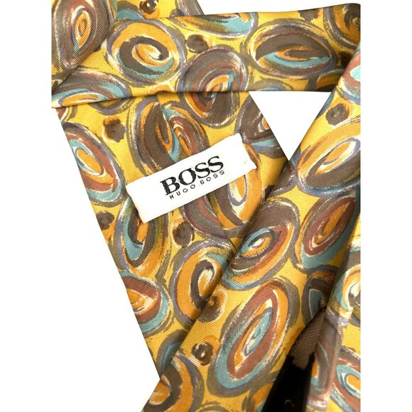 Boss Hugo Boss Men's Yellow Blue Multicolored Silk Tie Made in Italy Work - Picture 3 of 3